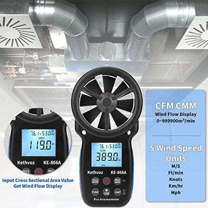 Handheld Anemometer CFM Meter, Kethvoz HVAC Airflow Meter Measure Wind Speed Airflow Monitor Humidity Temperature for Dust Collector AC Air Vent 866A