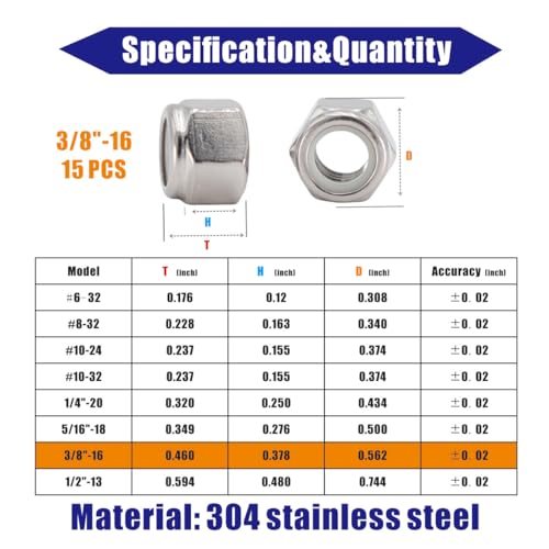 3/8-16 Lock Nut, 15Pcs 304 Stainless Steel Nylock Insert Locking Nuts - size: 3/8"-16 (15 pcs)