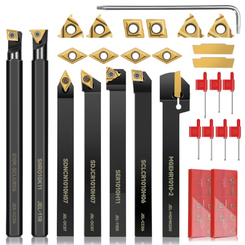 Indexable Lathe Turning Tool 21Pcs Kit 3/8'' 10mm Shank 7Pcs Metal Lathe Tools Holder Set with 14Pcs Turning Inserts for Turning Grooving Threading Boring Carbide Inserts Carbide Turning Tool - style: 7pcs 3/8'' 10mm Shanks+14pcs Inserts