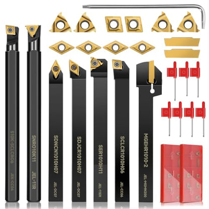 Indexable Lathe Turning Tool 21Pcs Kit 3/8'' 10mm Shank 7Pcs Metal Lathe Tools Holder Set with 14Pcs Turning Inserts for Turning Grooving Threading Boring Carbide Inserts Carbide Turning Tool - style: 7pcs 3/8'' 10mm Shanks+14pcs Inserts