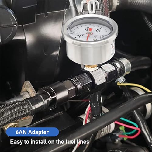 MEASUREMAN 0-100Psi Stainless Steel Glycerin Filled Fuel Pressure Gauge, 1-1/2" Dial Size, with 6AN Fuel Pressure Take Off Fitting Adapter Aluminum, 1/8" NPT Center Back Mount - size: 0-100 psi, style: Back Mount 6AN Adapter