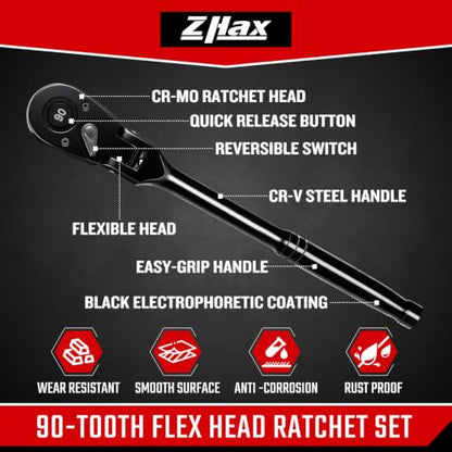 zhax 3-Piece Flex-Head Ratchet Set, 1/4”, 3/8”, 1/2” Drive 90-Tooth Ratchets, Quick Release Reversible Ratchet Wrenches for Repairing, Home, DIY, Chrome Alloy Made
