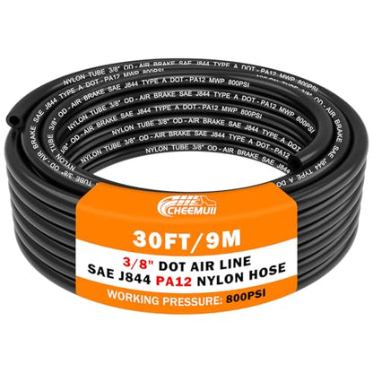 CheeMuii 30FT 3/8" DOT Air Line 3/8 Air Hose PA12 Nylon Pneumatic Tubing - color: Black, size: 3/8"OD-30FT