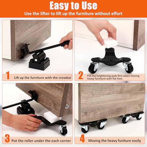 Timtin 17 Pcs Furniture Moving Dolly Set, 8 Pack 3-Wheel Steel Tri Dolly with 8 Heightening Pad & 1 Crowbar, Heavy Duty Movers Triangle Swivel Casters for Heavy Furniture, 200 Lbs Capacity(Black) - color: Black