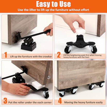 Timtin 17 Pcs Furniture Moving Dolly Set, 8 Pack 3-Wheel Steel Tri Dolly with 8 Heightening Pad & 1 Crowbar, Heavy Duty Movers Triangle Swivel Casters for Heavy Furniture, 200 Lbs Capacity(Black) - color: Black