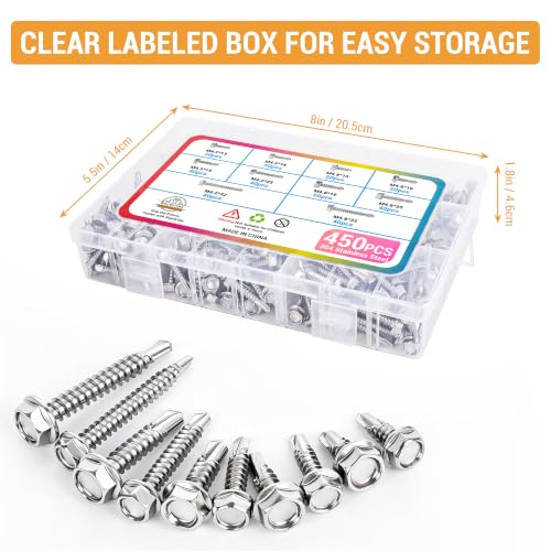Stainless Steel Wood & Sheet Metal Screw Assortment Self-Tapping Screws (450PCS HEX) - size: 450PCS HEX