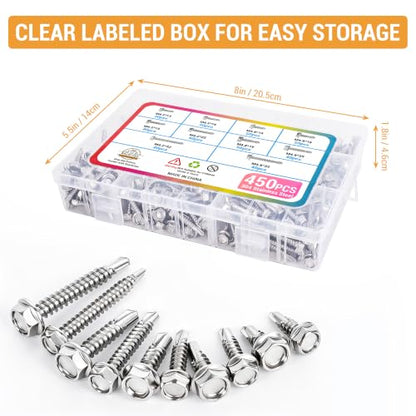 Stainless Steel Wood & Sheet Metal Screw Assortment Self-Tapping Screws (450PCS HEX) - size: 450PCS HEX