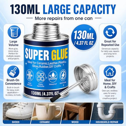 Super Glue with Brush 130ml, All Purpose Clear Strong Adhesive Waterproof Instant Glue Gel for Wood Ceramic Glass Leather Plastic Rubber Metal DIY Crafts Industrial Repairs