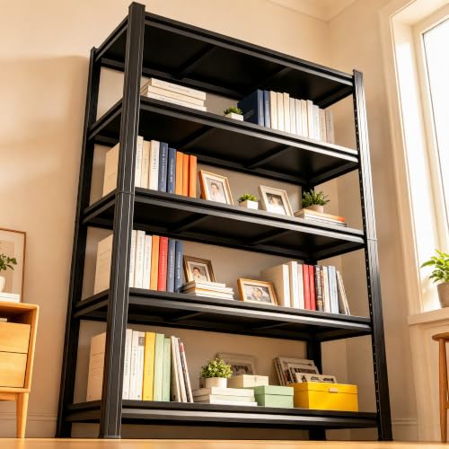 5 Tier Bookshelf Black Metal Book Shelf, Industrial Shelving Unit Storage Rack for Living Room Bedroom Office Kitchen, Heavy Duty Steel Bookcase Shelves Organizer for Books Plants Decor, Free Standing - size: 5Tier-35.4"Wx13.8"Dx77.4"H