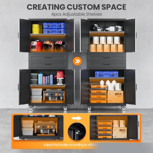 73" Tall Wheeled Garage Cabinet with 2 Drawer, Black Rolling Cabinets - color: Black, size: 73.2"H x 32"W x 16"D