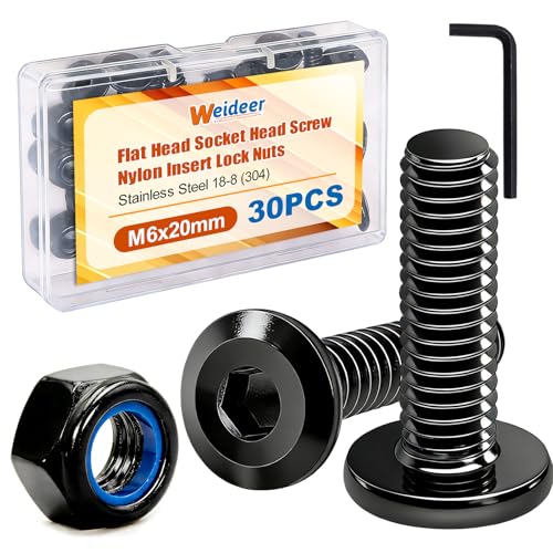 weideer 30pcs M6x20MM Flat Head Hex Socket Cap Screws Lock Nuts Kit Furniture Screws Furniture Bolts Kit 304 Stainless Steel - size: M6x20mm, style: Flat Head Hex