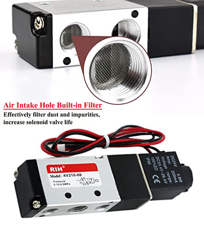 RIH Pneumatics Solenoid Valve 4V210-08 12V/24V/110V Series Single Coil Pilot-Operated Electric 2 Position 5 Way Connection Type (AC110V/Out of line, 1/4"NPT) - size: AC110V/Out of line, style: 1/4"NPT