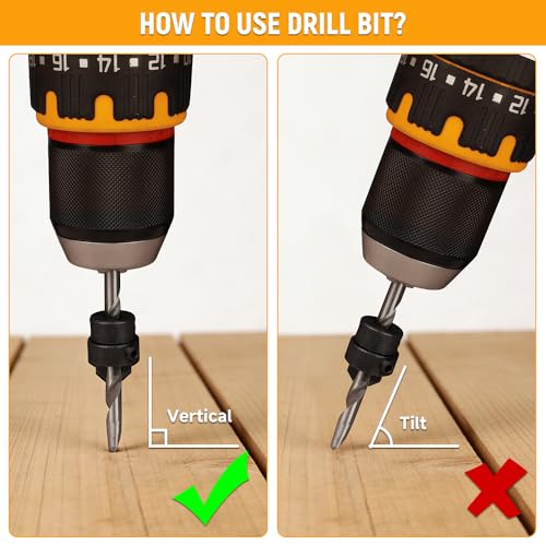 Hoteche 7-Piece Countersink Drill Bit Set, Carbon Steel with 7 Sizes (#5-#12), Hex Wrench, Wooden Box Packaging