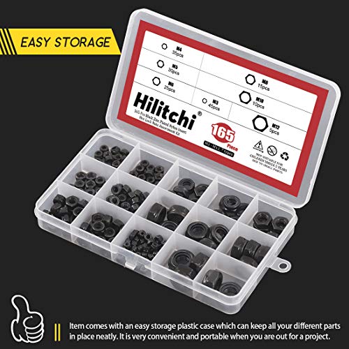 Hilitchi 165-Pcs Black Zinc Plated Nylon Insert Hex Lock Nuts Assortment Kit