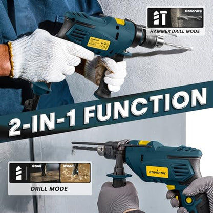 Enventor Hammer Drill with 9 Bits, Variable Speed, 900W, 1/2 in Chuck, Blue