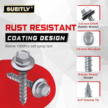 #10 x 3 Metal Roofing Screws, 150 PCS Hex Head Self Drilling Roof Screws - size: #10 x 3"