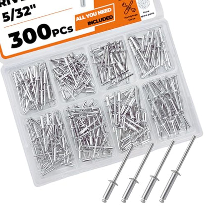 300 PCS 5/32" Blind Rivets, Aluminum Pop Rivet Kit, 4 Sizes Assortment – 1/4 5/16 3/8 1/2 Lengths, Dome Head, Open-End, Steel Mandrel - style: 300 PCs x 5/32"