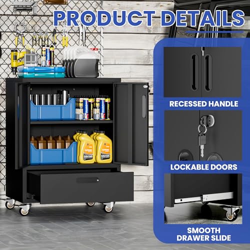 Metal Rolling Tool Storage Cabinet with 2 Locking Doors and 1 Drawer,Black - color: Black, style: 2 doors 1 drawer with wheels
