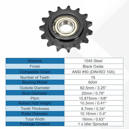 uxcell #50 Roller Chain Idler Sprocket, 20mm Bore 5/8" Pitch 15 Tooth - size: 20mm Bore 5/8" Pitch 15 Tooth