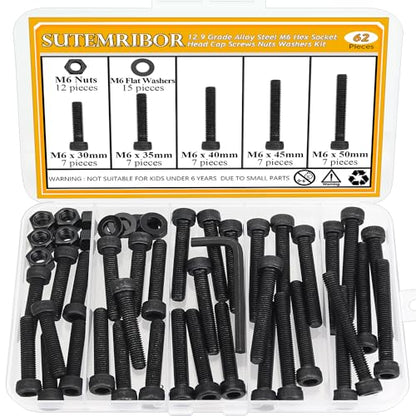 62-Piece M6 Hex Socket Head Cap Screws Nuts Washers Set - 30/35/40/45/50mm Long Black Assortment Kit - 12.9 Grade Alloy Steel, Fully Threaded - size: M6 Long Screws Kit, style: Socket Head
