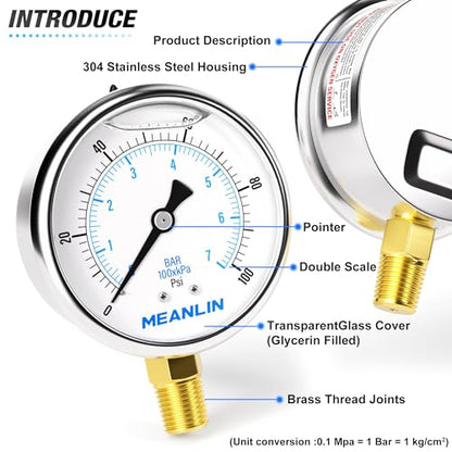 MEANLIN MEASURE 0~100Psi Stainless Steel 1/4" NPT 2.5" FACE DIAL,Liquid Filled Pressure Gauge,WOG Water Oil Air Lower Mount (Pack of 2), with 1/2" NPT and 3/8" NPT Hex Bushing - size: 0-100Psi (2Pcs)