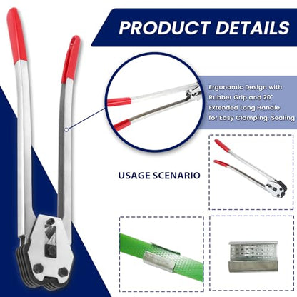 Steel Banding Tool Strapping Sealer - 2 in 1 Crimper & Sealer with 20" Extra-Long Handle and Enhanced Bite for PET Banding 1/2"~3/4"-Steel Strapping Tool for Heavy Duty Package