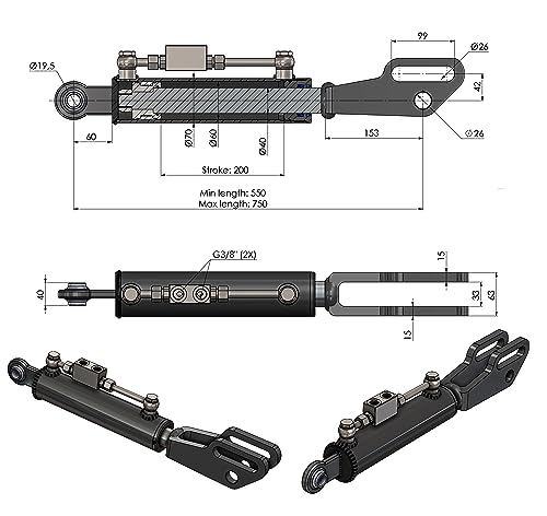 Spare Parts Holland - Hydraulic Side Link Cylinder - Min. 21-5/8" Max. 29-9/16" - size: Min-Max: 21-5/8" , 29-9/16"