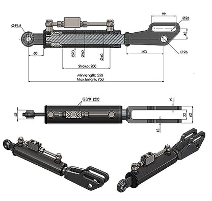Spare Parts Holland - Hydraulic Side Link Cylinder - Min. 21-5/8" Max. 29-9/16" - size: Min-Max: 21-5/8" , 29-9/16"