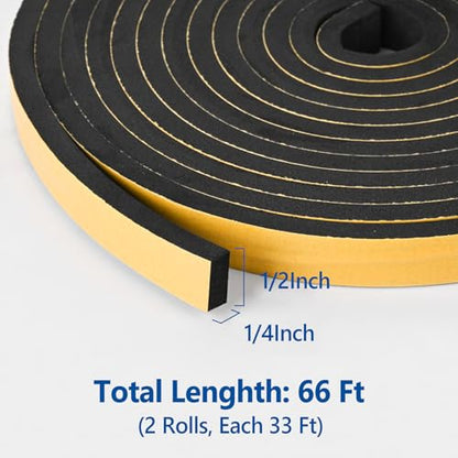 Self Adhesive Foam Tape Weatherstrip 1/2in x 1/4in x 66Ft High Density Foam Insulation Strips Foam Seal Weather Stripping with Strong Adhesive for Door and Window Sound Isolation Soundproofing - size: 1/2in x 1/4in x 66Ft