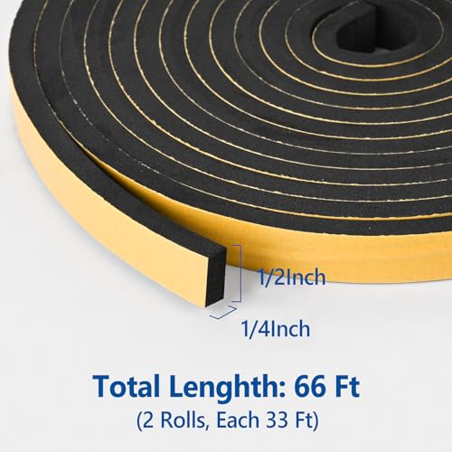 Self Adhesive Foam Tape Weatherstrip 1/2in x 1/4in x 66Ft High Density Foam Insulation Strips Foam Seal Weather Stripping with Strong Adhesive for Door and Window Sound Isolation Soundproofing - size: 1/2in x 1/4in x 66Ft
