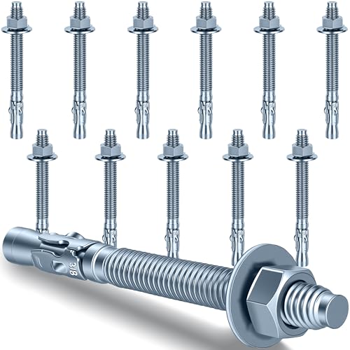 3/8 x 4 inch Wedge Anchors, 12 pcs Concrete Screw and Anchor Kit, Galvanized Concrete Anchors, Concrete Wall Anchors and Brick Anchors, Suitable for Concrete Floors and Walls - size: 3/8 x 4In
