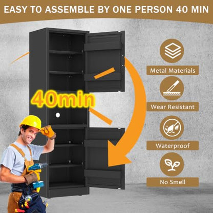 67" Freestanding Metal Pantry Cabinet, Tall Kitchen Food Storage Cupboard - color: Black, size: 15.75"D x 19.68"W x 67"H