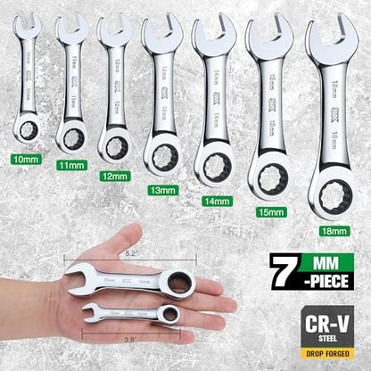 SK Stubby Ratcheting Wrench Set, Combination Wrench Set, 7-Piece, Metric, 72-Tooth, CR-V Steel, with Rolling Pouch - size: Metric
