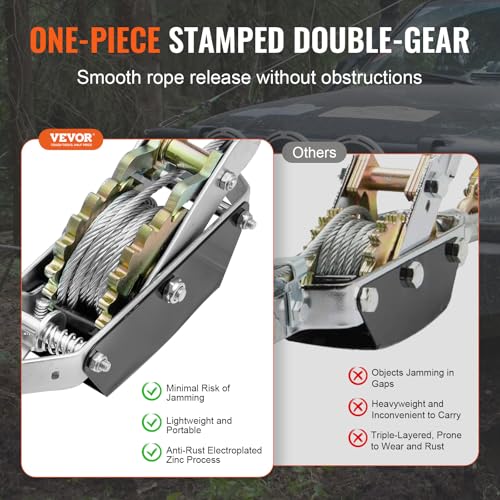 VEVOR Come Along Winch, 2 Ton (4,409 lbs) Pulling Capacity, 12 ft Steel Cable, 2 Hooks, Heavy Duty Ratchet Power Puller Tool with Dual Gears, Automotive Hoist Cable Puller Ideal for Vehicle Rescue - size: 2 Ton