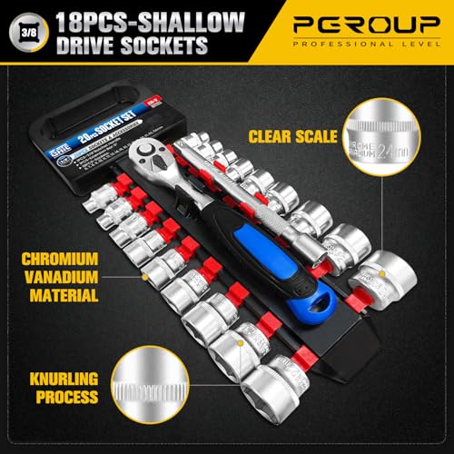 20PCS 3/8" Drive Metric Socket Wrench Set, 90-Tooth Reversible Ratchet Handle，6 Point Shallow Sockets (6-24mm) and Extension Bar 6", CR-V Steel, Tool Set For Car,Motorcycle,Bike Repair - size: 20P 3/8 inch(6-24mm)