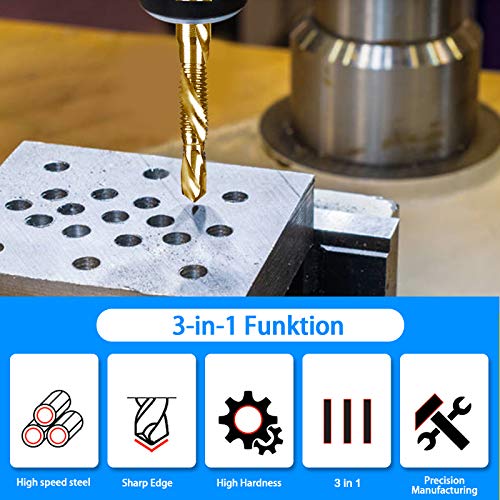 DKIBBITH 6-pc Metric M8 Combination Drill Tap Bit Set, M8*1.25 Thread Size, Titanium Coated High-Speed Steel, Ideal for Drilling and Threading in Soft Metal Wood and Plastic,1/4" Hex Shank - size: M8x1.25