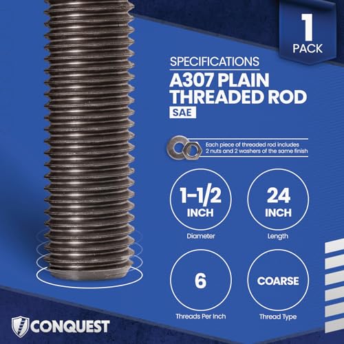 Conquest A307 Unfinished Threaded Rod 1-1/2"-6 x 24, - size: 1-1/2"-6 x 2'