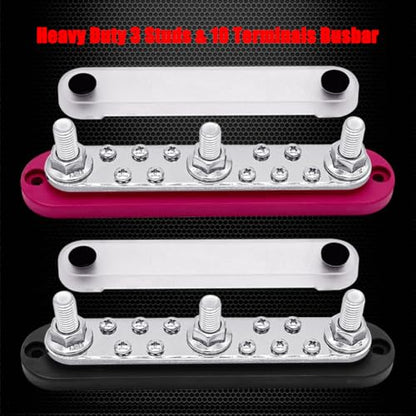 Ampper 3 x M10 Posts Power Distribution Block BusBar 10 M4 Screws, 7" R & B - color: Red & Black, size: 3M10+10M4
