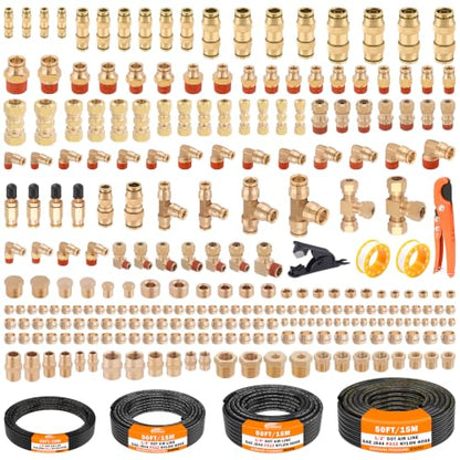 CheeMuii 260 PCS Brass DOT Air Line Fittings with 4 Roll 50FT DOT Air Lines - size: 50FT-4ROLL-260PCS