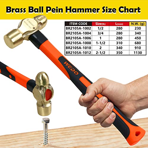 WEDO Brass Ball Peen Hammer 24 oz(1-1/2lb), Ball Pein Hammer with Fiberglass Handle, Length 310mm(12"), Die-Forged, Corrosion Resistant, DIN Standard - color: Fiberglass Handle, size: 1-1/2lb