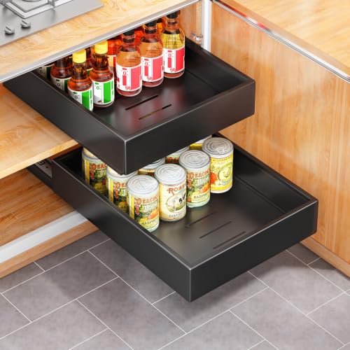 2Pack Pull out Cabinet Organizer, 21"Deep, Heavy Duty Full-extension Slide out Drawers for Kitchen Cabinet, Roll out Shelf Storage with Nano Adhesive for Pots,12"W x 21"D x 3.1"H, Black - color: Black, size: 12" Wide-21"Deep (2Pack）