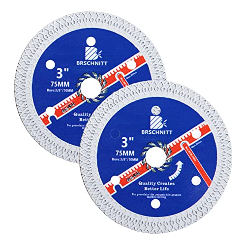Super Thin Diamond Porcelain Saw Blade with X Teeth,BRSCHNITT 2pcs 3 Inch (75 mm) x Arbor 3/8 Inch (10 mm) Angle Grinder Diamond Cutting Disc for Dry/Wet Cutting Porcelain Tile Ceramic Marble Granite - size: 75mm(3")
