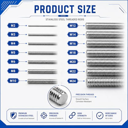 304 Stainless Steel M4 Threaded Rod,8 Pcs 10"(255mm) - size: M4x255mm