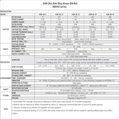 HDR-60-24 Ultra Slim Step-Shape 3SU DIN Rail Power Supply, 24Volt 2.5Amp 60Watt - size: 24V 2.5A