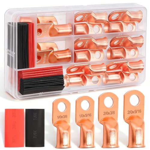 Twidec/32PCS Battery Cable Ends 1/0 AWG 2/0 AWG Heavy Duty Copper Lugs 0 Gauge 00 Gauge Copper Cable Wire Lugs,Coppers Ring Terminals 5/16" and 3/8" with Heat Shrink Tube - color: 32PCS