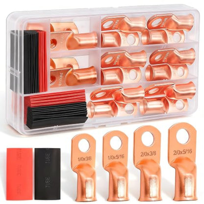Twidec/32PCS Battery Cable Ends 1/0 AWG 2/0 AWG Heavy Duty Copper Lugs 0 Gauge 00 Gauge Copper Cable Wire Lugs,Coppers Ring Terminals 5/16" and 3/8" with Heat Shrink Tube - color: 32PCS