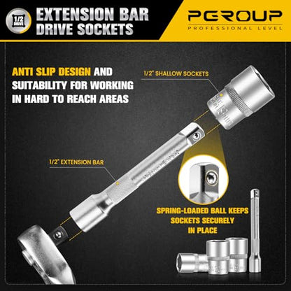 20 PCS 1/2" Drive Metric Socket Wrench Set,90-Tooth Reversible Ratchet Handle，6 Point Shallow Sockets (8-32mm) and Extension Bar 5", CR-V Steel, Car Repair Set - size: 20P 1/2 inch(8-32mm)