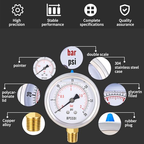 0-30 Psi Glycerin Liquid Filled Low Pressure Gauge, 2.5" Dial Size, 1/4" NPT Lower Mount, 304 Stainless Steel Case, for Water Pipe, HVAC, Water Oil Air Pressure Test - size: 0-30 psi, style: Lower Mount