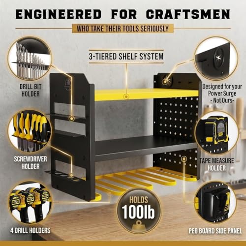 BUILTSTRONG Power Tool Organizer Wall Mount – 3-Tier Heavy-Duty Steel Rack, 4 Drill Slots, Pegboard + Utility Side, 100 lb Capacity – Garage, Workshop & Shed Storage (Yellow) - color: Yellow, size: 4 Drill Holder