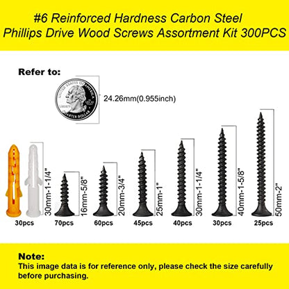 #6 Wood & Drywall Screw Kit 300 Pcs, Phillips Self Tapping Flat Head, Black - color: Black, size: #6-300pcs